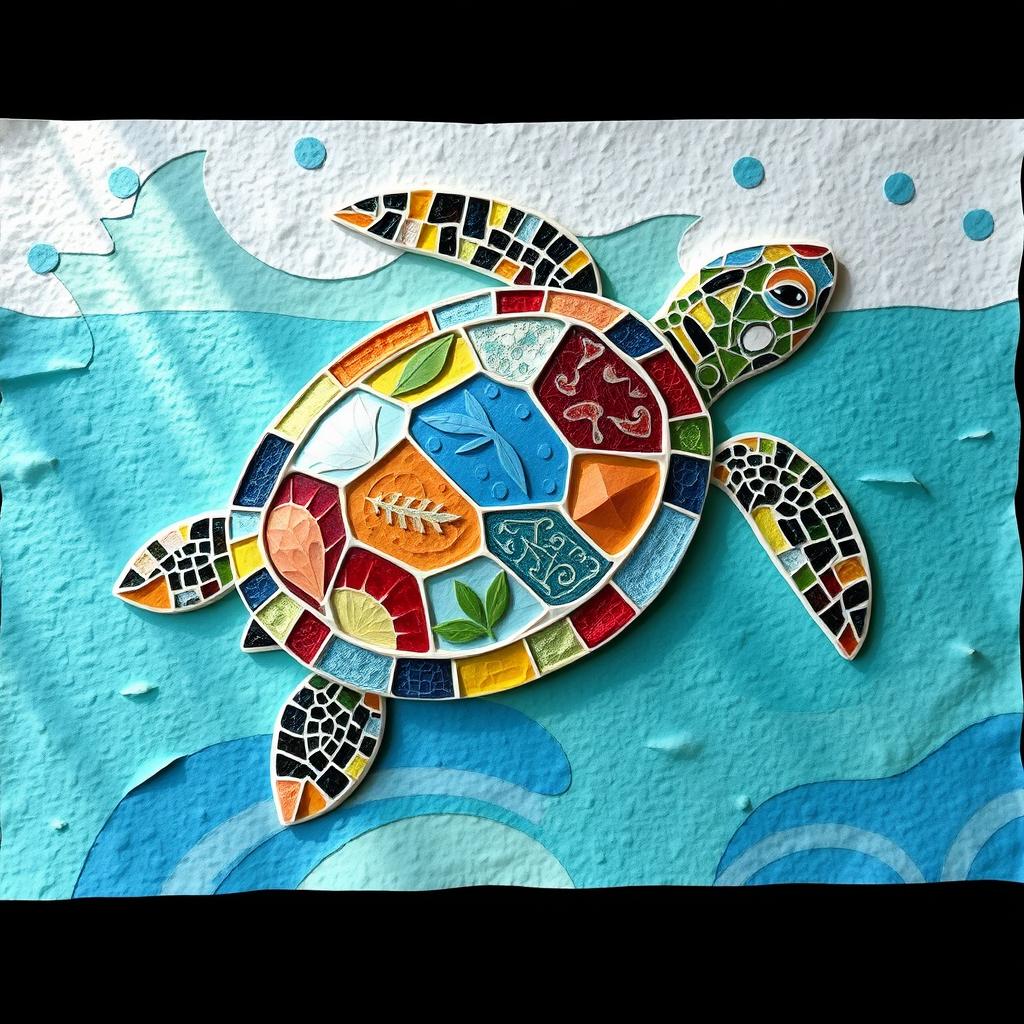 A vibrant and detailed turtle mosaic created on textured paper, showcasing a variety of colors and patterns