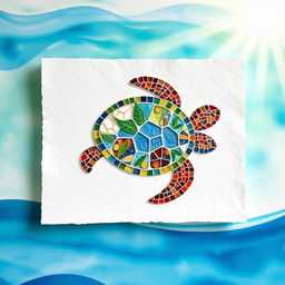A vibrant and detailed turtle mosaic created on textured paper, showcasing a variety of colors and patterns