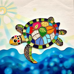 A vibrant and detailed turtle mosaic created on textured paper, showcasing a variety of colors and patterns