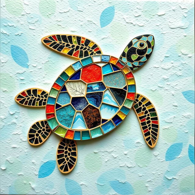 A vibrant and detailed turtle mosaic created on textured paper, showcasing a variety of colors and patterns