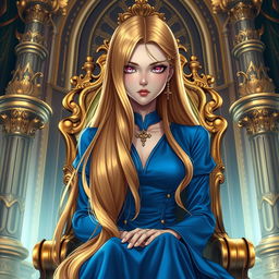 A striking light novel cover featuring a tall adult female character with long, glossy golden hair that flows beautifully down her back