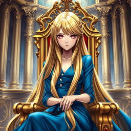 A striking light novel cover featuring a tall adult female character with long, glossy golden hair that flows beautifully down her back