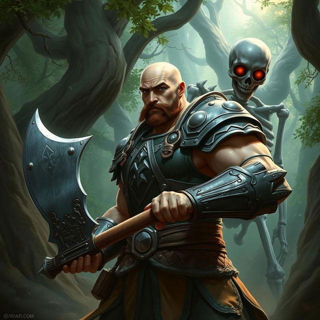 A muscular bald paladin with a short brown mustache, wearing intricately designed armor, stands valiantly in a dense, mystical forest
