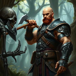 A muscular bald paladin with a short brown mustache, wearing intricately designed armor, stands valiantly in a dense, mystical forest