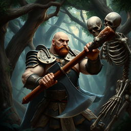 A muscular bald paladin with a short brown mustache, wearing intricately designed armor, stands valiantly in a dense, mystical forest
