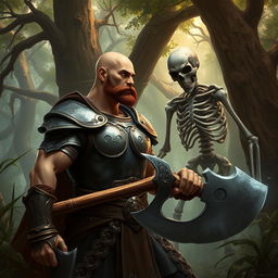 A muscular bald paladin with a short brown mustache, wearing intricately designed armor, stands valiantly in a dense, mystical forest