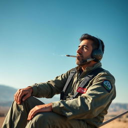 An Iranian drone pilot sitting on a rope, casually smoking a cigarette