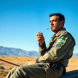An Iranian drone pilot sitting on a rope, casually smoking a cigarette