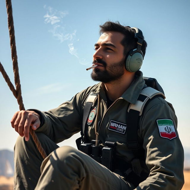 An Iranian drone pilot sitting on a rope, casually smoking a cigarette