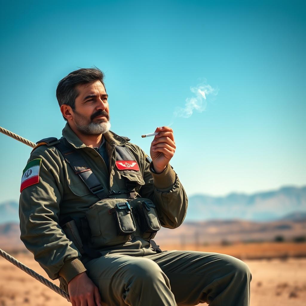 An Iranian drone pilot sitting on a rope, casually smoking a cigarette