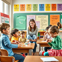 An informative visual representation depicting an engaging classroom setting with diverse children, some showing symptoms of Attention Deficit Hyperactivity Disorder (ADHD)