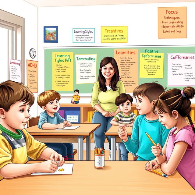 An informative visual representation depicting an engaging classroom setting with diverse children, some showing symptoms of Attention Deficit Hyperactivity Disorder (ADHD)