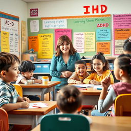 An informative visual representation depicting an engaging classroom setting with diverse children, some showing symptoms of Attention Deficit Hyperactivity Disorder (ADHD)