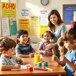 An informative visual representation depicting an engaging classroom setting with diverse children, some showing symptoms of Attention Deficit Hyperactivity Disorder (ADHD)