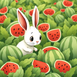 In a playful watermelon field, a cute little white rabbit is diligently comparing the sizes of several watermelons