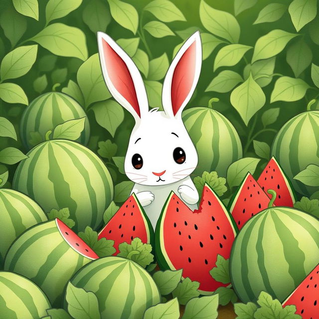 In a playful watermelon field, a cute little white rabbit is diligently comparing the sizes of several watermelons