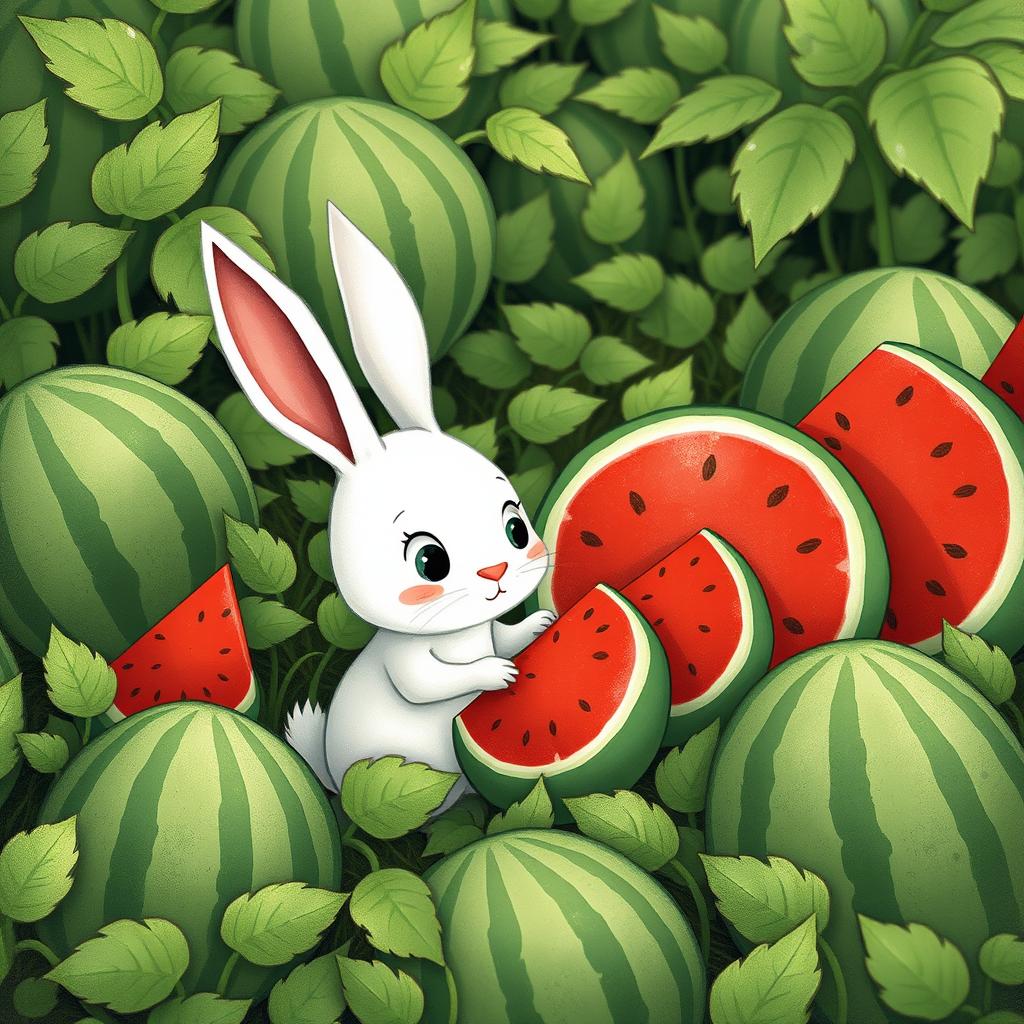 In a playful watermelon field, a cute little white rabbit is diligently comparing the sizes of several watermelons