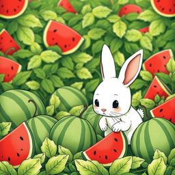 In a playful watermelon field, a cute little white rabbit is diligently comparing the sizes of several watermelons