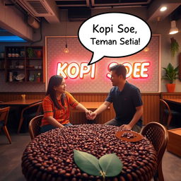 An inviting cafe ambience featuring a cozy atmosphere where two people are holding hands, embodying warmth and friendship