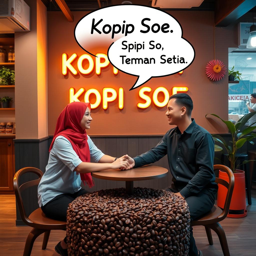 An inviting cafe ambience featuring a cozy atmosphere where two people are holding hands, embodying warmth and friendship