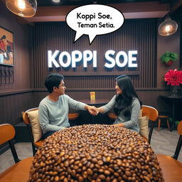 An inviting cafe ambience featuring a cozy atmosphere where two people are holding hands, embodying warmth and friendship
