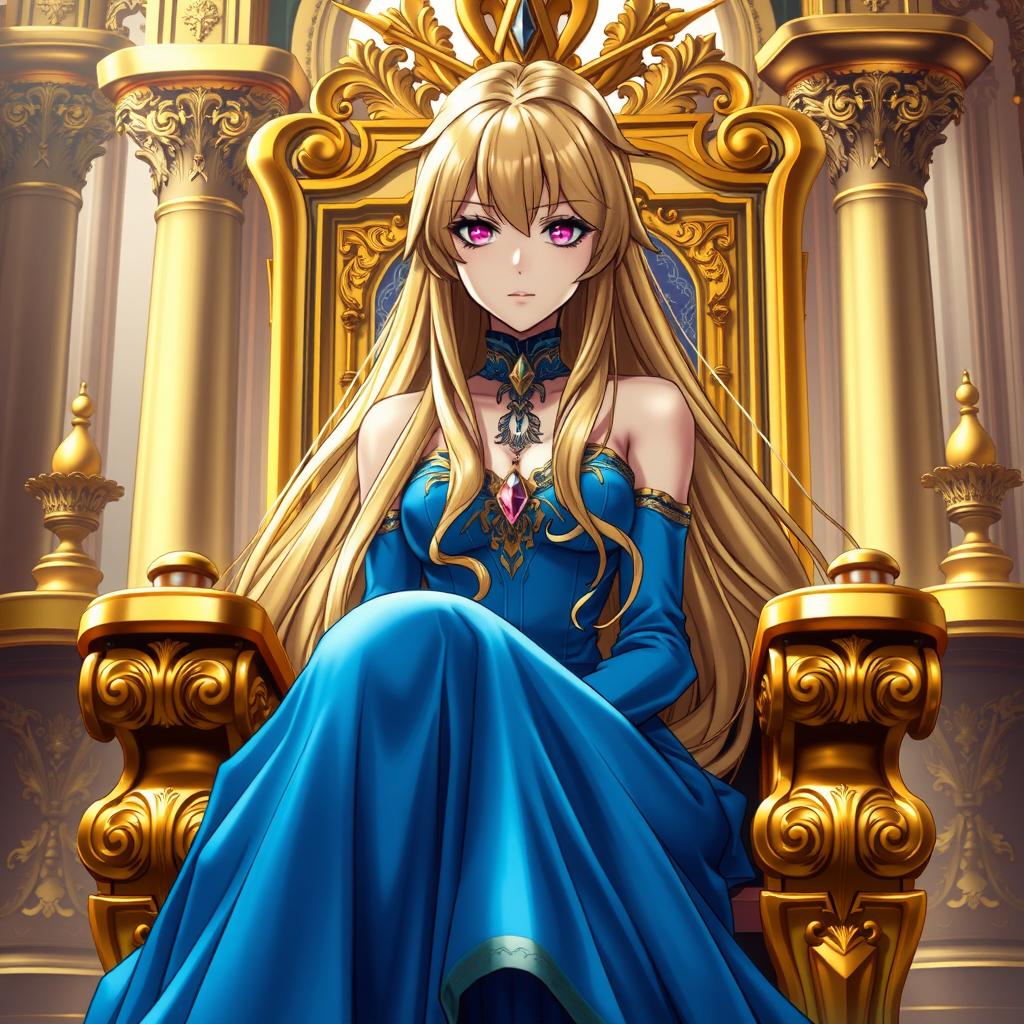 An eye-catching light novel cover featuring a tall adult female character with long, glossy golden hair that shines beautifully