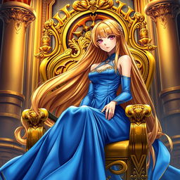 An eye-catching light novel cover featuring a tall adult female character with long, glossy golden hair that shines beautifully