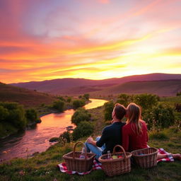 A serene landscape at sunset with rolling hills and a vibrant sky filled with orange and purple hues