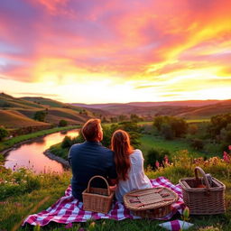 A serene landscape at sunset with rolling hills and a vibrant sky filled with orange and purple hues