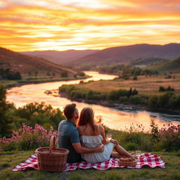 A serene landscape at sunset with rolling hills and a vibrant sky filled with orange and purple hues