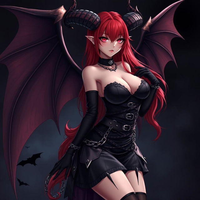 An alluring sexy gothic anime girl with captivating demonic wings and intricately curved horns