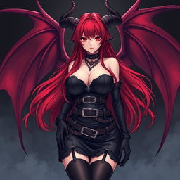 An alluring sexy gothic anime girl with captivating demonic wings and intricately curved horns