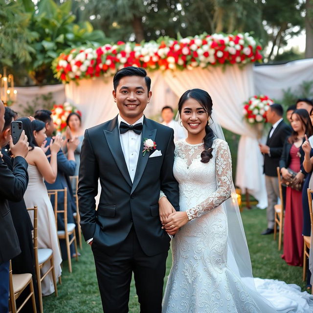 A beautiful wedding scene featuring a couple named Enda and Dwi