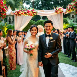 A beautiful wedding scene featuring a couple named Enda and Dwi