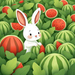 In a whimsical watermelon field, a cute little white rabbit is seriously comparing the sizes of several watermelons