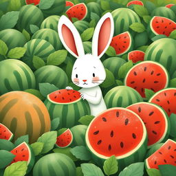In a whimsical watermelon field, a cute little white rabbit is seriously comparing the sizes of several watermelons