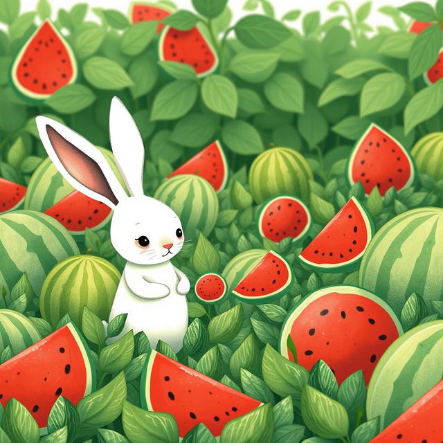 In a whimsical watermelon field, a cute little white rabbit is seriously comparing the sizes of several watermelons