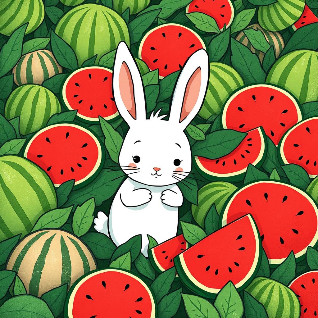 In a whimsical watermelon field, a cute little white rabbit is seriously comparing the sizes of several watermelons