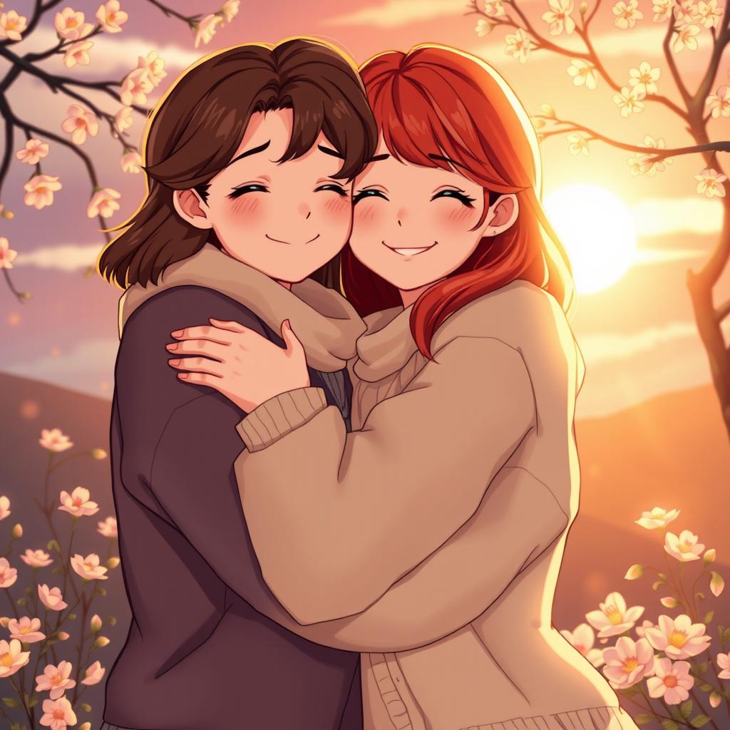 An intimate and heartwarming scene of two people embracing in a warm hug, surrounded by a beautiful sunset backdrop