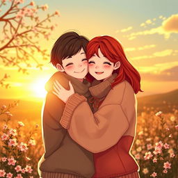 An intimate and heartwarming scene of two people embracing in a warm hug, surrounded by a beautiful sunset backdrop