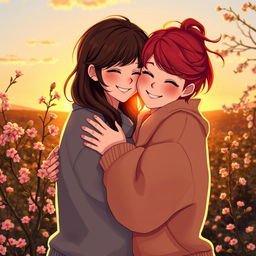 An intimate and heartwarming scene of two people embracing in a warm hug, surrounded by a beautiful sunset backdrop