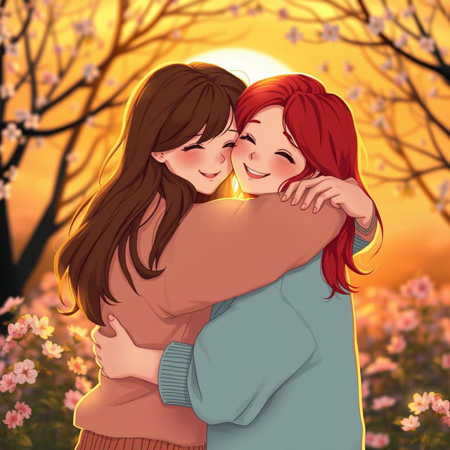 An intimate and heartwarming scene of two people embracing in a warm hug, surrounded by a beautiful sunset backdrop