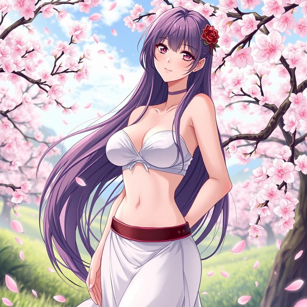 A stunning illustration of a beautiful young woman named Sakura, with long flowing hair, standing confidently in a natural setting filled with cherry blossom trees in full bloom