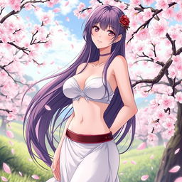 A stunning illustration of a beautiful young woman named Sakura, with long flowing hair, standing confidently in a natural setting filled with cherry blossom trees in full bloom