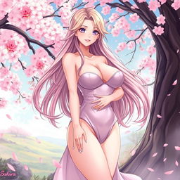 A stunning illustration of a beautiful young woman named Sakura, with long flowing hair, standing confidently in a natural setting filled with cherry blossom trees in full bloom