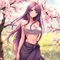 A stunning illustration of a beautiful young woman named Sakura, with long flowing hair, standing confidently in a natural setting filled with cherry blossom trees in full bloom