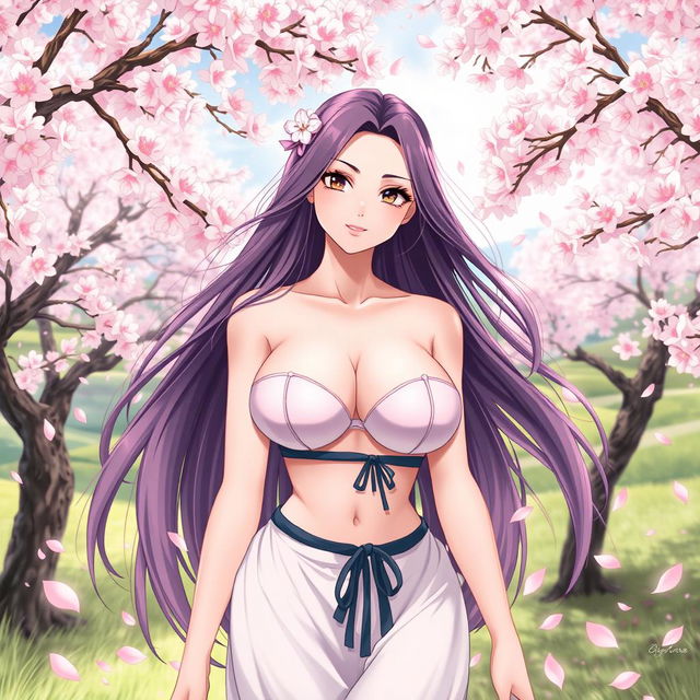 A stunning illustration of a beautiful young woman named Sakura, with long flowing hair, standing confidently in a natural setting filled with cherry blossom trees in full bloom