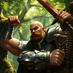 A muscular bald paladin with a short brown mustache, clad in shining armor, fiercely battling a skeleton warrior in a lush green forest