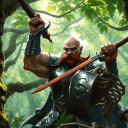 A muscular bald paladin with a short brown mustache, clad in shining armor, fiercely battling a skeleton warrior in a lush green forest