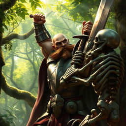 A muscular bald paladin with a short brown mustache, clad in shining armor, fiercely battling a skeleton warrior in a lush green forest